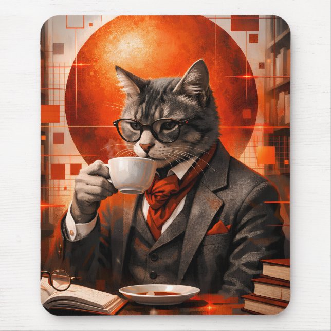 Sophisticated Cat Drinking Coffee Mousepad (Front)