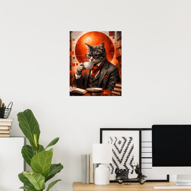 Sophisticated Cat Drinking Coffee Wall Art  (Home Office)