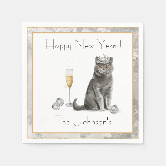 Sophisticated Cat with Champagne and Tiara Napkin (Front)