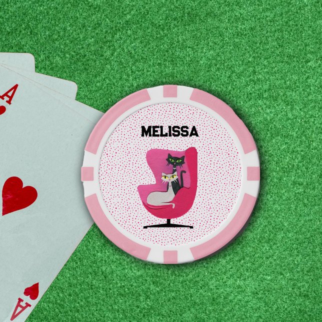 Sophisticated Cats in Mid Century Pink Chair Dots Poker Chips (Sophisticated cats in pink mid century chair on white with pink dots poker ships.)