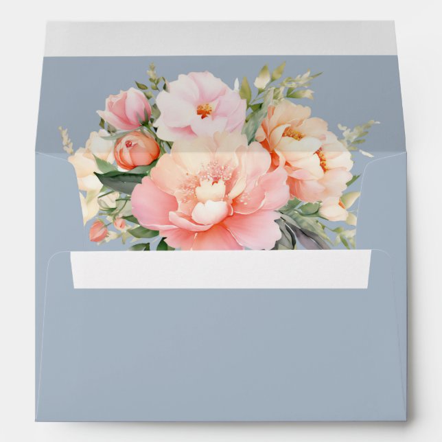 Sophisticated Chic Elegant Peony Dust Blue Wedding Envelope (Back (Bottom))
