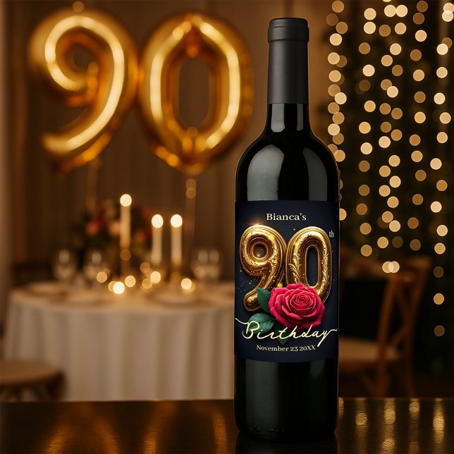 Sophisticated Chic Red Rose Golden 90th Birthday Wine Label (Creator Uploaded)