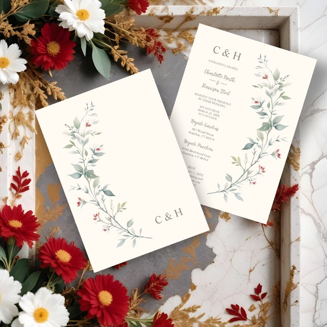 Sophisticated Chic Wildflowers & Green Shades  Invitation (Sophisticated Chic Wildflowers Garland Green Shades & Dark Red Wedding Invitations Cards. )