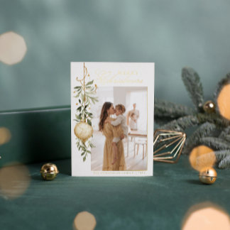 Sophisticated Christmas Greenery Gold Ornament Foil Holiday Card