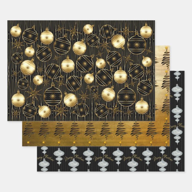 Sophisticated Christmas in Gold, Black and Grey Wrapping Paper Sheet (Set)