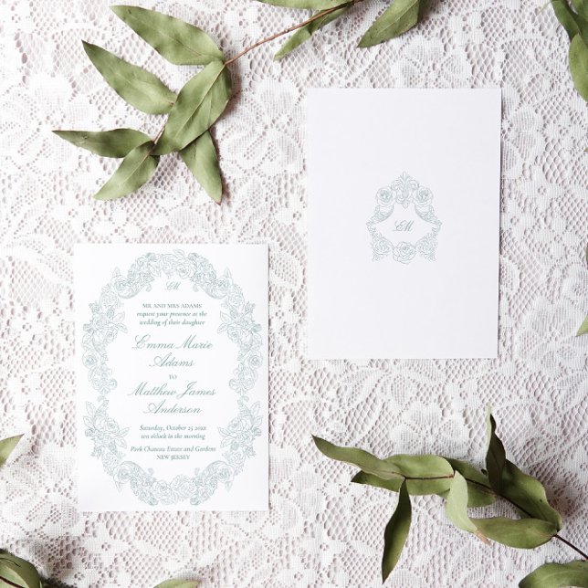 Sophisticated Classic Script Blue Regency Wedding Invitation (dusty blue and white victorian rococo wedding invitation with botanical crest & floral illustrations)