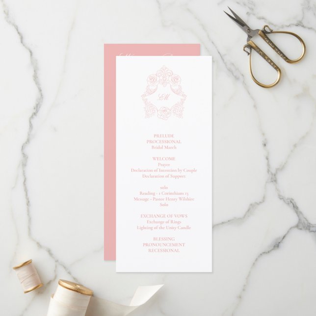 Sophisticated Classic Script Blush Pink Wedding Programme (Front/Back In Situ)