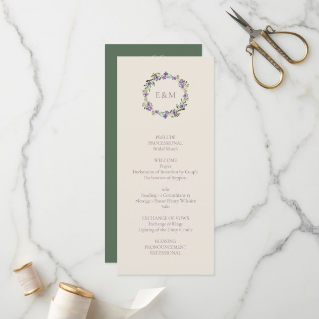 Sophisticated Classic Script Floral Wreath Wedding Programme (Front/Back In Situ)
