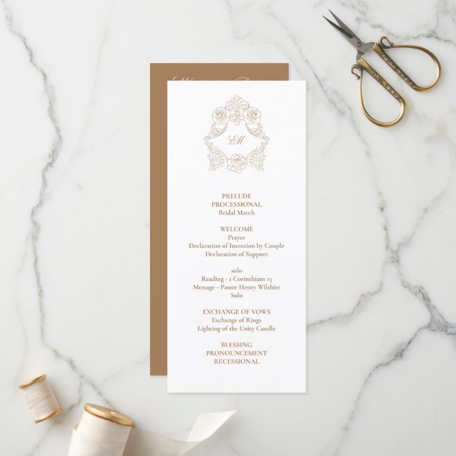 Sophisticated Classic Script Golden Brown Wedding Programme (Front/Back In Situ)