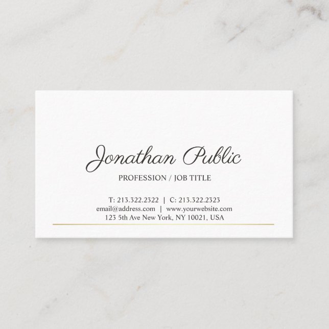 Sophisticated Clean Plain Modern White Gold Chic Business Card (Front)