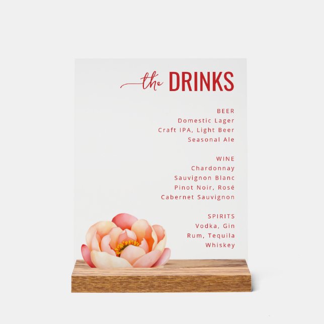 Sophisticated Coral Red Floral Menu Sign (Front)