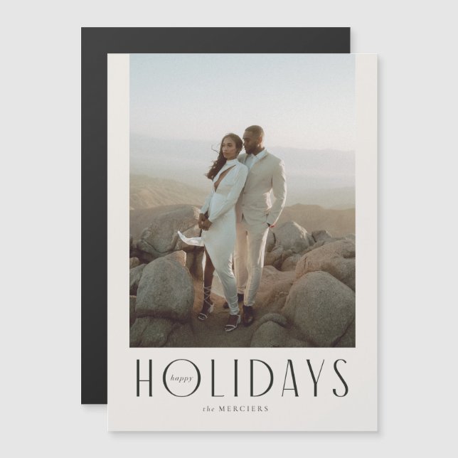 Sophisticated Cream & Black Happy Holidays Photo Magnetic Invitation (Front/Back)