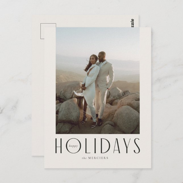 Sophisticated Cream & Black Happy Holidays Photo Postcard (Front/Back)