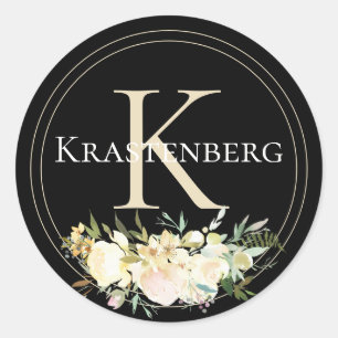 Sophisticated Custom Family Name Monogram Floral Classic Round Sticker