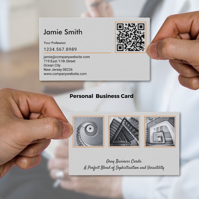Sophisticated Custom Images QR Code Grey  Business Card (Sophisticated Custom Images QR Code Gray Business Card)