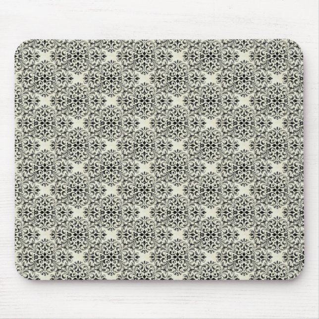 Sophisticated Damask Mousepad, Black and White Mouse Mat (Front)