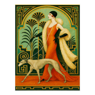 Sophisticated Deco Lady with Greyhound Poster/ Poster