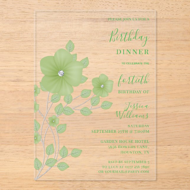 Sophisticated Diamond Green Floral Birthday Acrylic Invitations (Front)