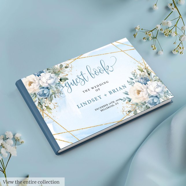 Sophisticated Dusty Blue White Gold Floral Wedding Guest Book (Sophisticated Dusty Blue White Gold Floral Guest Book)