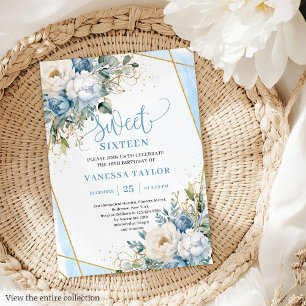 Sophisticated Dusty Blue White Peonies Sweet 16  Invitation