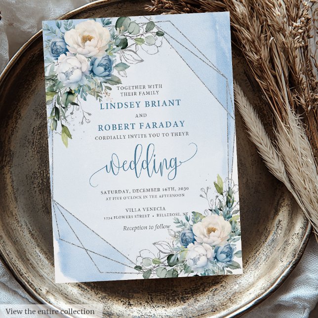 Sophisticated Dusty Blue White Silver Roses Invite (Sophisticated Dusty Blue White Silver Roses Wedding Invitation)