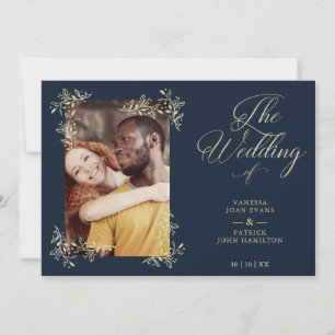 Sophisticated Elegant Flourish Navy Photo Wedding Invitation
