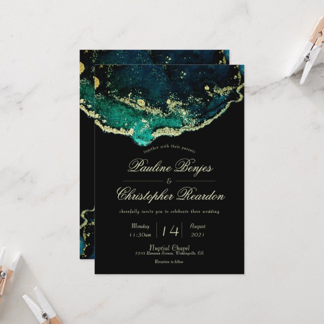 Sophisticated Emerald Black Gold Wedding Invitation (Front/Back In Situ)