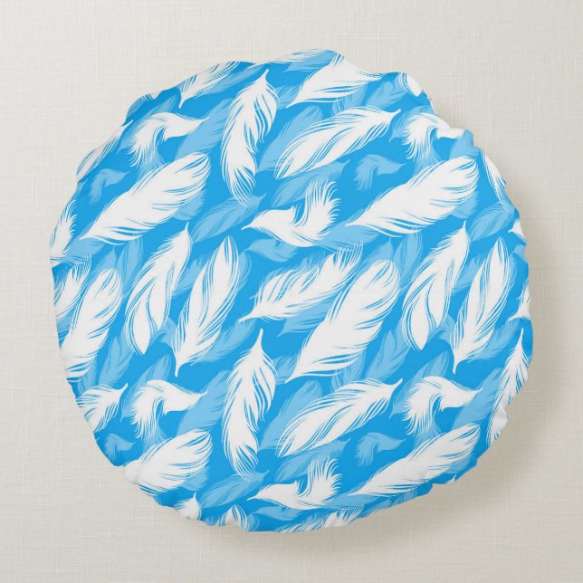 Sophisticated Feather Design On A Bright Blue  Round Cushion (Back)