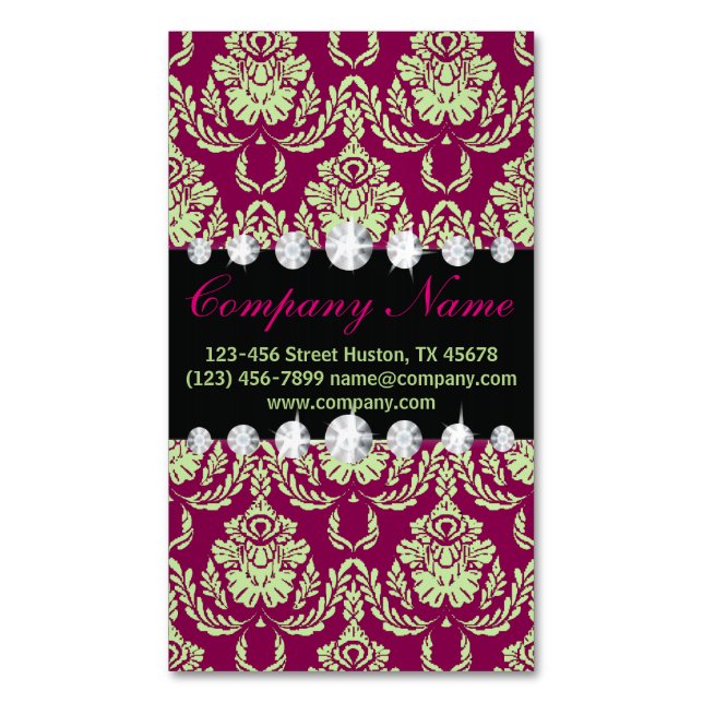 Sophisticated Feminine fashion fuschia damask Magnetic Business Card (Front Vertical)