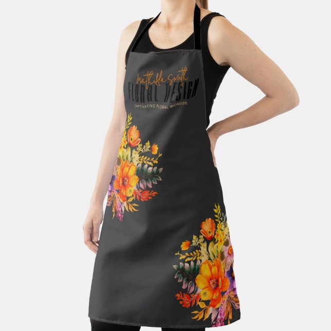 Sophisticated Floral Design Black Orange Flowers  Apron (Insitu)