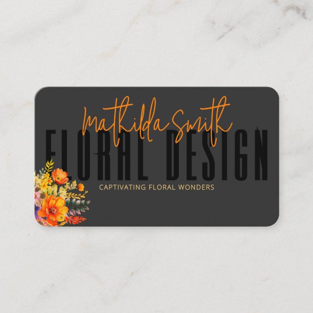 Sophisticated Floral Design Black Orange Flowers  Business Card (Front)