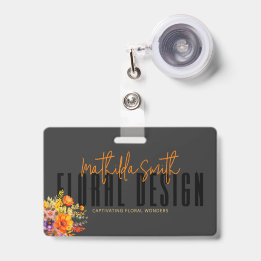 Sophisticated Floral Design Black Orange Flowers  ID Badge