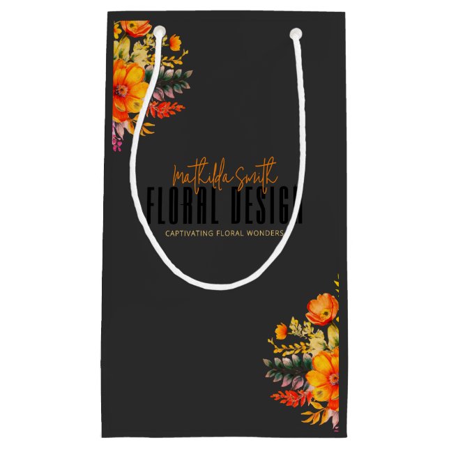Sophisticated Floral Design Black Orange Flowers  Small Gift Bag (Front)