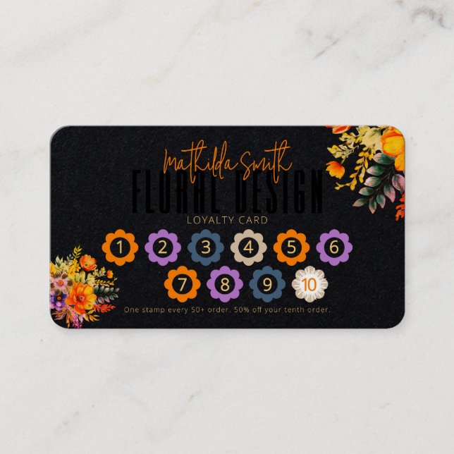 Sophisticated Floral Design Black Orange Loyalty Business Card (Front)