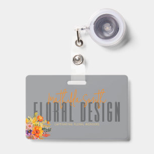 Sophisticated Floral Design Grey Orange Flowers ID Badge