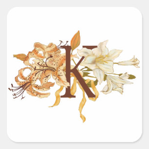 Sophisticated Floral Letter "K" Monogram Square Sticker