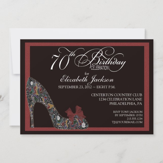 Sophisticated Floral Shoe 70th Birthday Invite Red (Front)