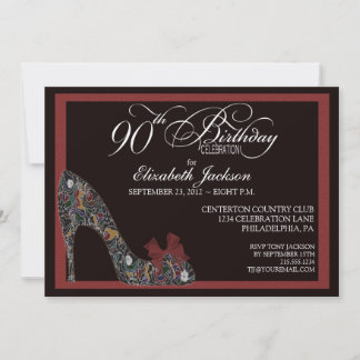Sophisticated Floral Shoe 90th Birthday Invite Red