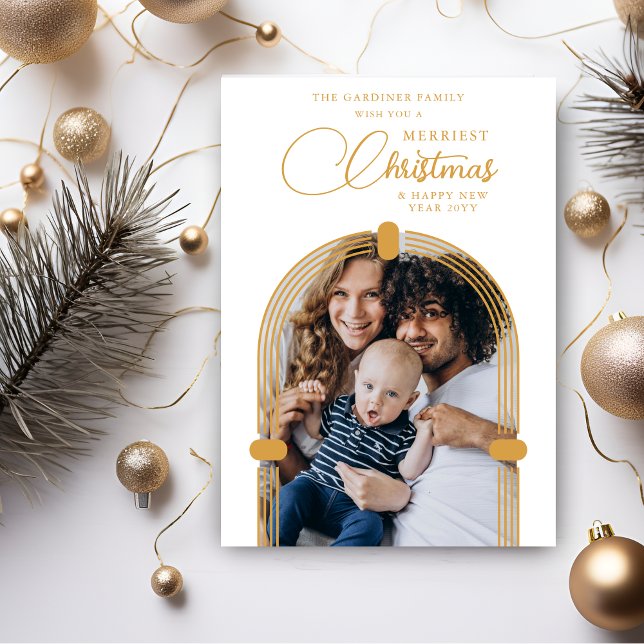 Sophisticated Gold Arch Photo Merriest Christmas Holiday Card (Sophisticated Fake Golden Dome Arch Photo Merriest Christmas Holiday Card with Envelope.)