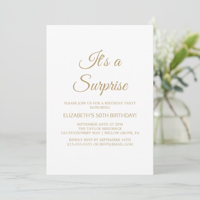 Sophisticated Gold Calligraphy Surprise Party  Invitation (Standing Front)