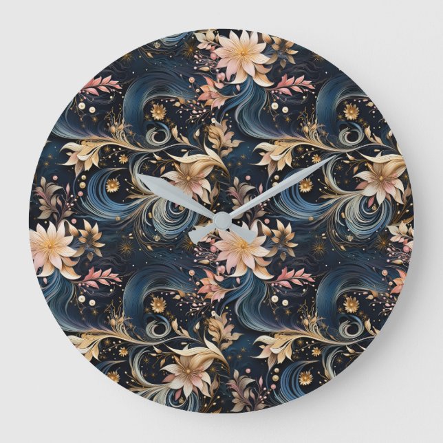 Sophisticated Gold Flowers On Navy Blue Large Clock (Front)