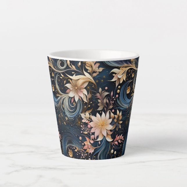 Sophisticated Gold Flowers On Navy Blue Latte Mug (Front)
