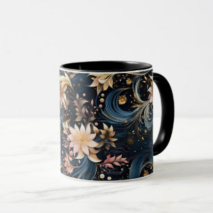 Sophisticated Gold Flowers On Navy Blue Mug