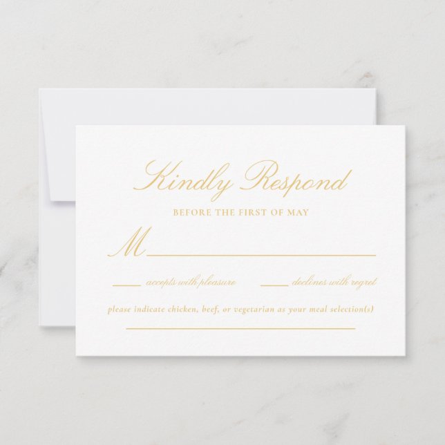 Sophisticated Gold Lace Script Elegant Wedding RSVP Card (Front)