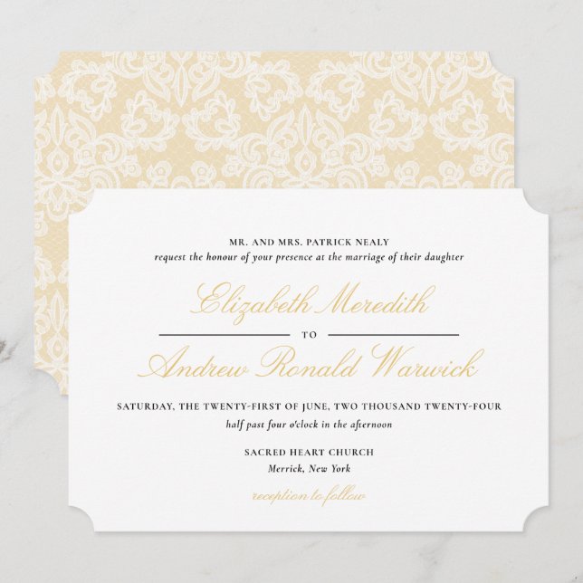 Sophisticated Gold Lace Script Wedding Invitation (Front/Back)