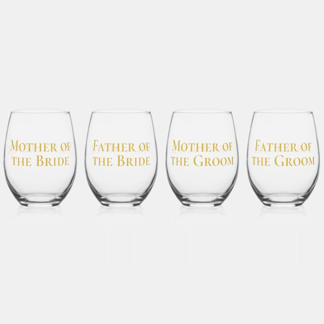 Sophisticated Gold Mother Father of Bride Groom Stemless Wine Glass (Front)