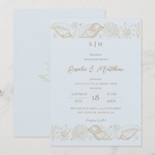 Sophisticated Gold Shells & Blue Coastal Wedding Invitation