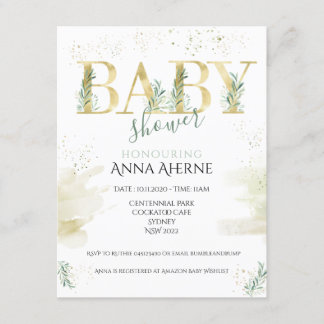 Sophisticated gold with sage green baby shower invitation