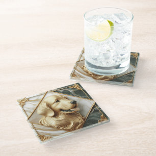 Sophisticated Golden Retriever Marble Elegance Glass Coaster