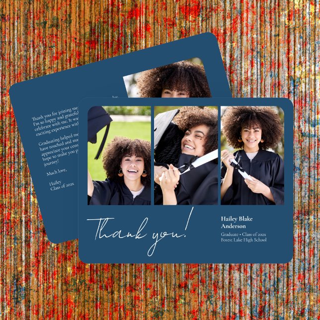 Sophisticated Graduation Photo Collage Royal Blue Thank You Card (Creator Uploaded)